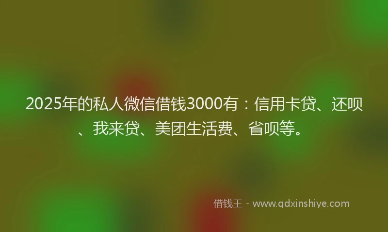 2025年的私人微信借钱3000有：信用卡贷、还呗、我来贷、美团生活费、省呗等。