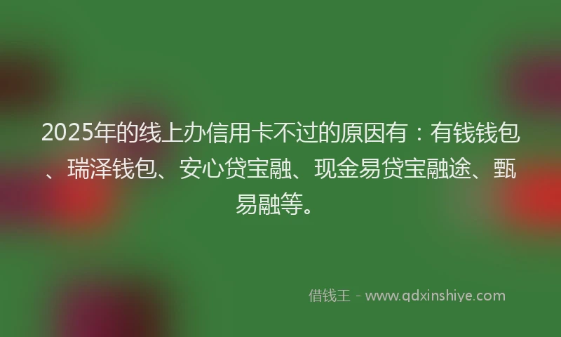 2025年的线上办信用卡不过的原因有：有钱钱包、瑞泽钱包、安心贷宝融、现金易贷宝融途、甄易融等。