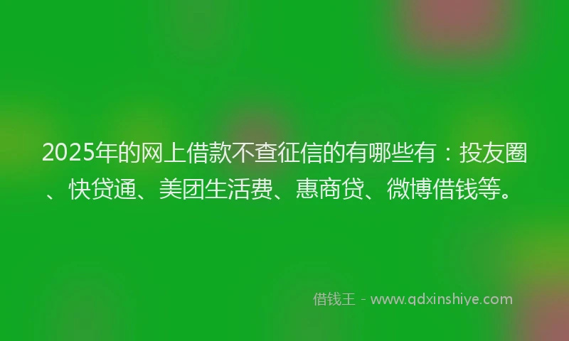 2025年的网上借款不查征信的有哪些有：投友圈、快贷通、美团生活费、惠商贷、微博借钱等。