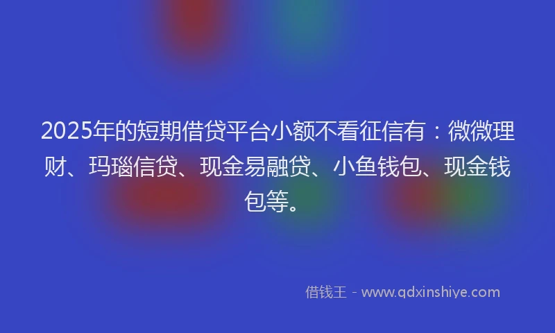 2025年的短期借贷平台小额不看征信有：微微理财、玛瑙信贷、现金易融贷、小鱼钱包、现金钱包等。