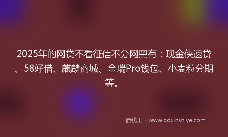 2025年的网贷不看征信不分网黑有：现金侠速贷、58好借、麒麟商城、金瑞Pro钱包、小麦粒分期等。