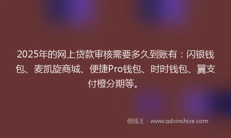 2025年的网上贷款审核需要多久到账有：闪银钱包、麦凯旋商城、便捷Pro钱包、时时钱包、翼支付橙分期等。