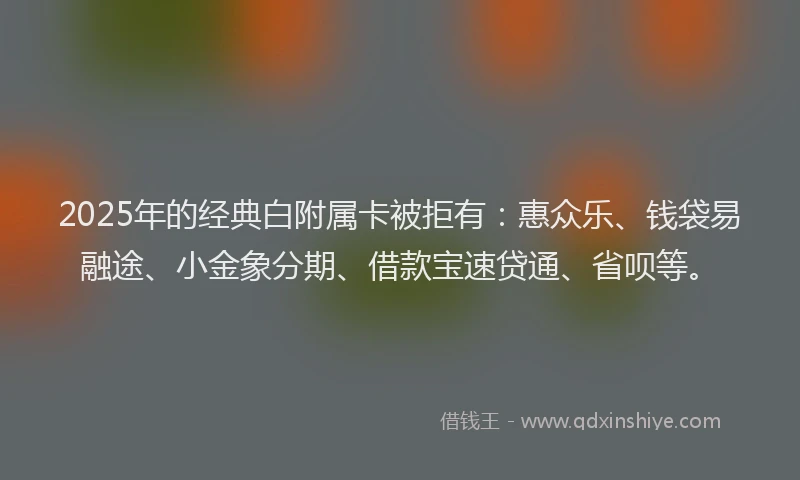 2025年的经典白附属卡被拒有：惠众乐、钱袋易融途、小金象分期、借款宝速贷通、省呗等。