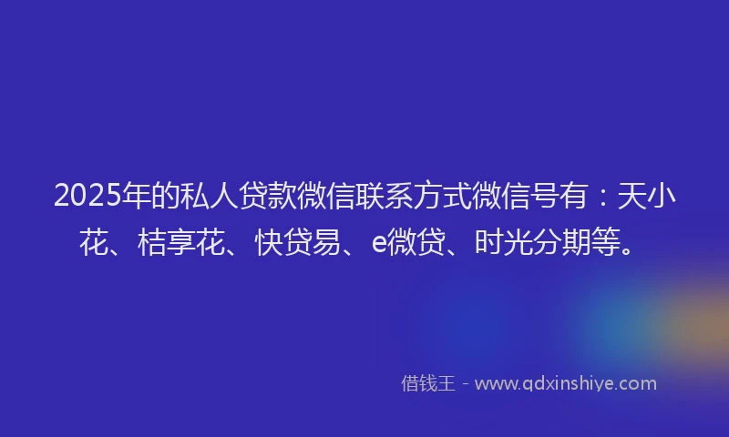2025年的私人贷款微信联系方式微信号有：天小花、桔享花、快贷易、e微贷、时光分期等。