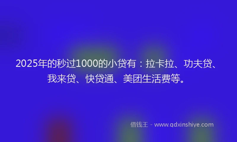 2025年的秒过1000的小贷有：拉卡拉、功夫贷、我来贷、快贷通、美团生活费等。