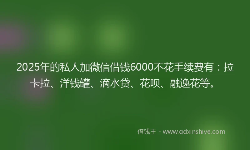 2025年的私人加微信借钱6000不花手续费有：拉卡拉、洋钱罐、滴水贷、花呗、融逸花等。