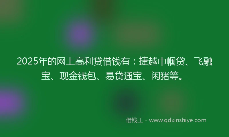 2025年的网上高利贷借钱有：捷越巾帼贷、飞融宝、现金钱包、易贷通宝、闲猪等。