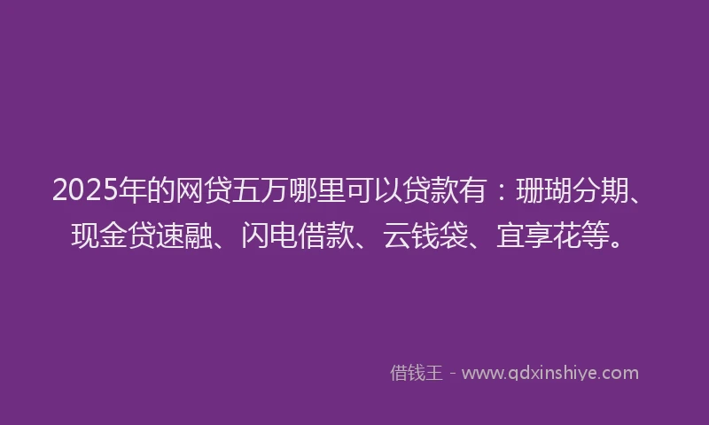 2025年的网贷五万哪里可以贷款有：珊瑚分期、现金贷速融、闪电借款、云钱袋、宜享花等。