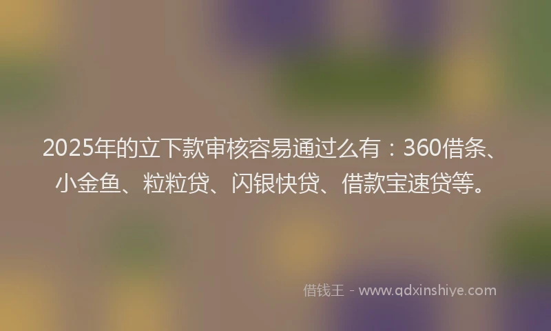 2025年的立下款审核容易通过么有：360借条、小金鱼、粒粒贷、闪银快贷、借款宝速贷等。