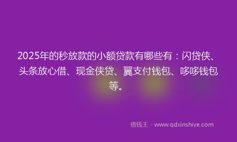 2025年的秒放款的小额贷款有哪些有：闪贷侠、头条放心借、现金侠贷、翼支付钱包、哆哆钱包等。