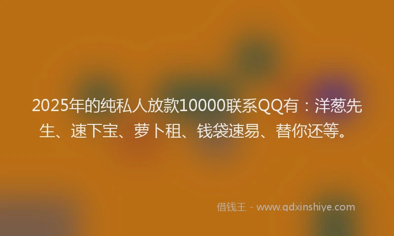 2025年的纯私人放款10000联系QQ有：洋葱先生、速下宝、萝卜租、钱袋速易、替你还等。