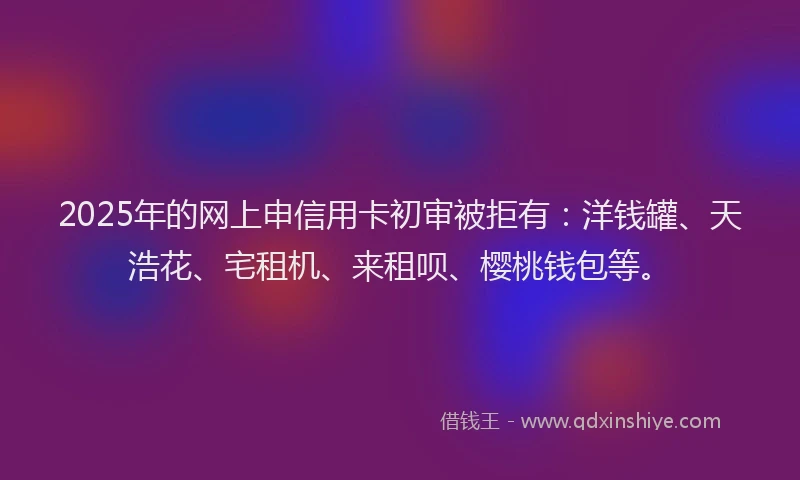 2025年的网上申信用卡初审被拒有：洋钱罐、天浩花、宅租机、来租呗、樱桃钱包等。