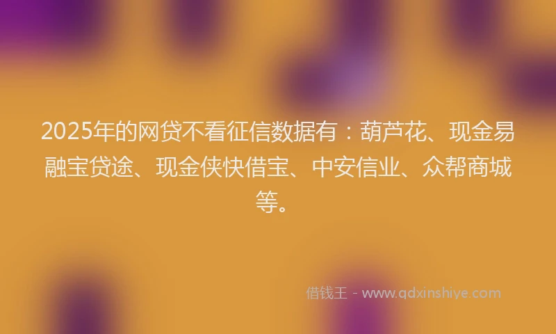 2025年的网贷不看征信数据有：葫芦花、现金易融宝贷途、现金侠快借宝、中安信业、众帮商城等。