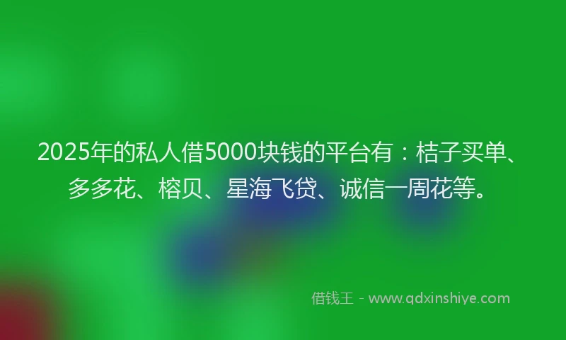 2025年的私人借5000块钱的平台有：桔子买单、多多花、榕贝、星海飞贷、诚信一周花等。