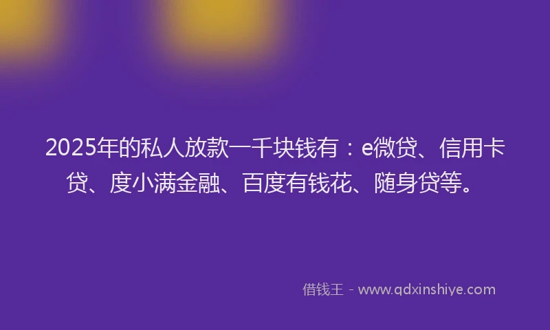 2025年的私人放款一千块钱有：e微贷、信用卡贷、度小满金融、百度有钱花、随身贷等。