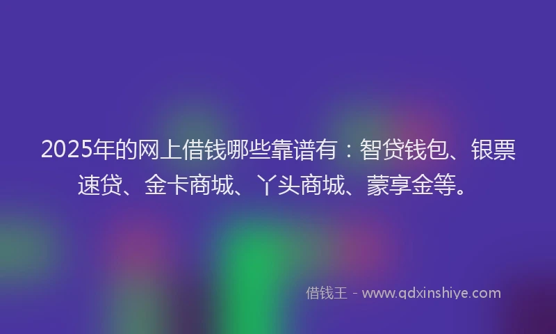 2025年的网上借钱哪些靠谱有：智贷钱包、银票速贷、金卡商城、丫头商城、蒙享金等。