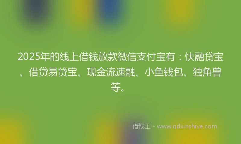 2025年的线上借钱放款微信支付宝有：快融贷宝、借贷易贷宝、现金流速融、小鱼钱包、独角兽等。