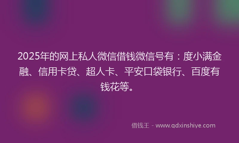 2025年的网上私人微信借钱微信号有：度小满金融、信用卡贷、超人卡、平安口袋银行、百度有钱花等。