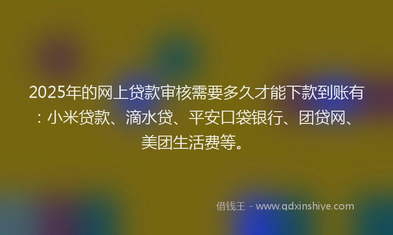 2025年的网上贷款审核需要多久才能下款到账有：小米贷款、滴水贷、平安口袋银行、团贷网、美团生活费等。
