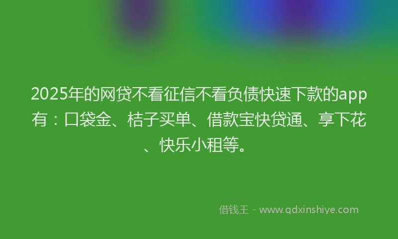 2025年的网贷不看征信不看负债快速下款的app有：口袋金、桔子买单、借款宝快贷通、享下花、快乐小租等。