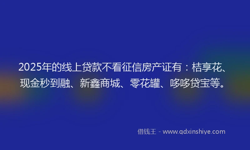 2025年的线上贷款不看征信房产证有：桔享花、现金秒到融、新鑫商城、零花罐、哆哆贷宝等。