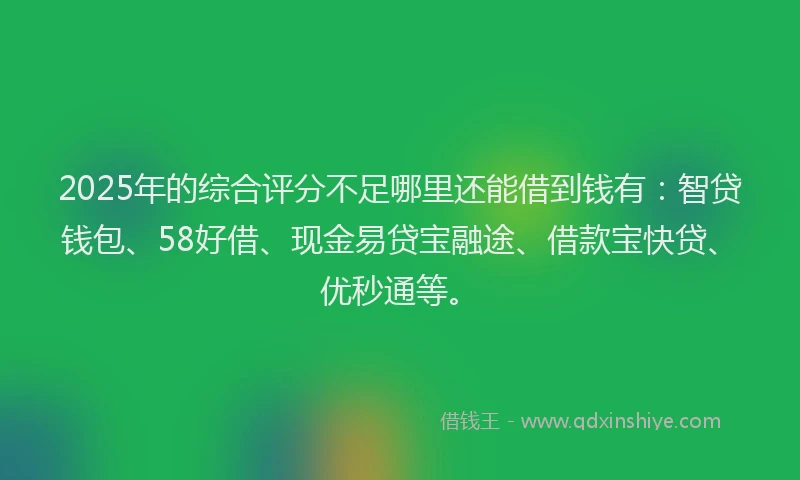 2025年的综合评分不足哪里还能借到钱有：智贷钱包、58好借、现金易贷宝融途、借款宝快贷、优秒通等。