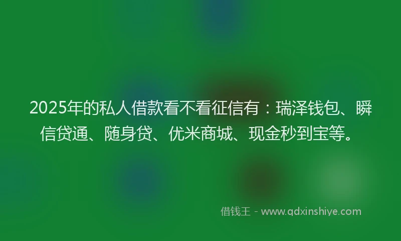 2025年的私人借款看不看征信有：瑞泽钱包、瞬信贷通、随身贷、优米商城、现金秒到宝等。