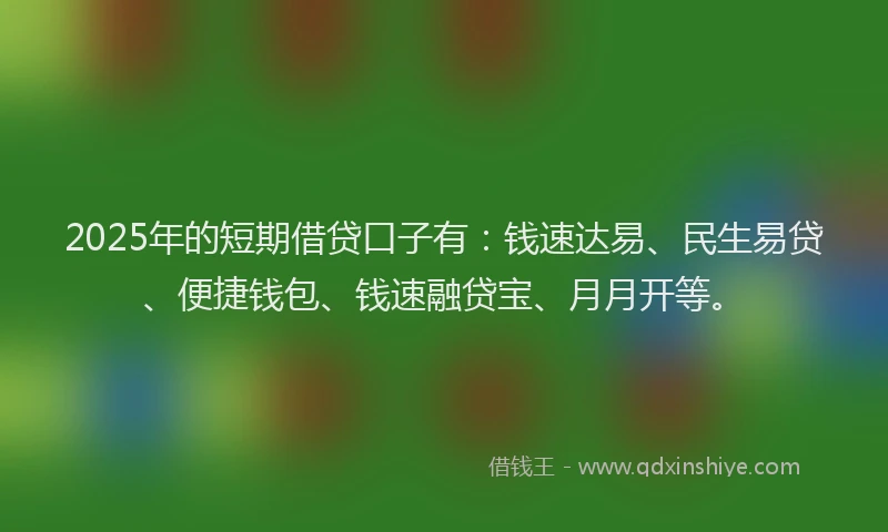 2025年的短期借贷口子有：钱速达易、民生易贷、便捷钱包、钱速融贷宝、月月开等。