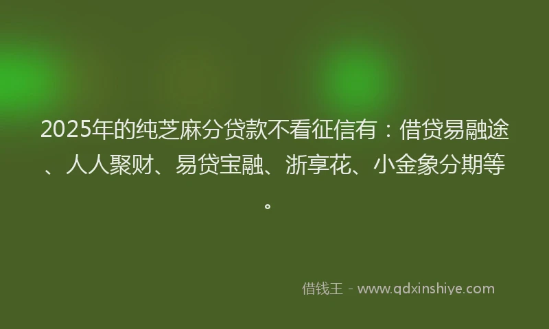 2025年的纯芝麻分贷款不看征信有：借贷易融途、人人聚财、易贷宝融、浙享花、小金象分期等。