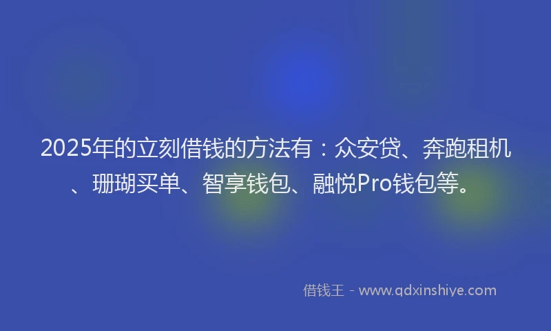 2025年的立刻借钱的方法有：众安贷、奔跑租机、珊瑚买单、智享钱包、融悦Pro钱包等。