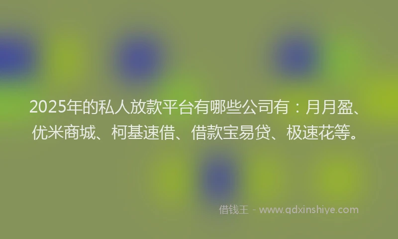 2025年的私人放款平台有哪些公司有：月月盈、优米商城、柯基速借、借款宝易贷、极速花等。