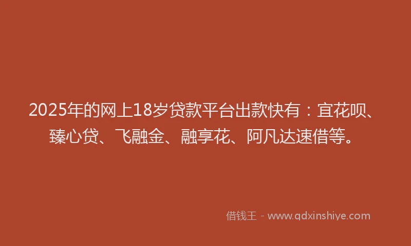 2025年的网上18岁贷款平台出款快有：宜花呗、臻心贷、飞融金、融享花、阿凡达速借等。