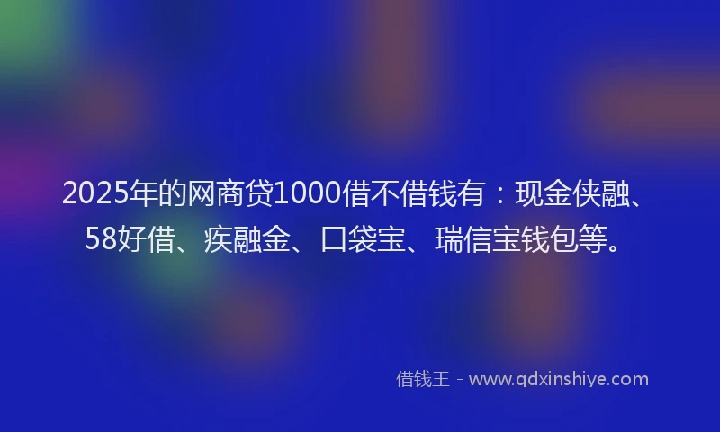 2025年的网商贷1000借不借钱有：现金侠融、58好借、疾融金、口袋宝、瑞信宝钱包等。