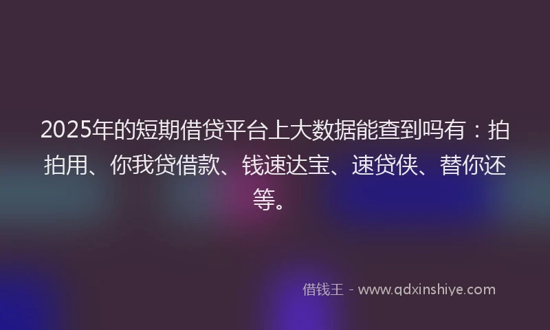 2025年的短期借贷平台上大数据能查到吗有：拍拍用、你我贷借款、钱速达宝、速贷侠、替你还等。