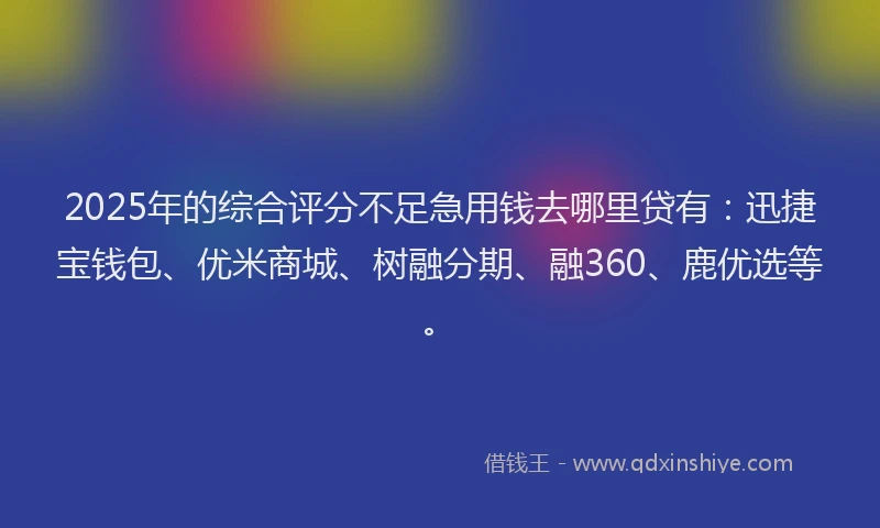 2025年的综合评分不足急用钱去哪里贷有：迅捷宝钱包、优米商城、树融分期、融360、鹿优选等。