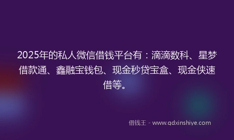 2025年的私人微信借钱平台有：滴滴数科、星梦借款通、鑫融宝钱包、现金秒贷宝盒、现金侠速借等。