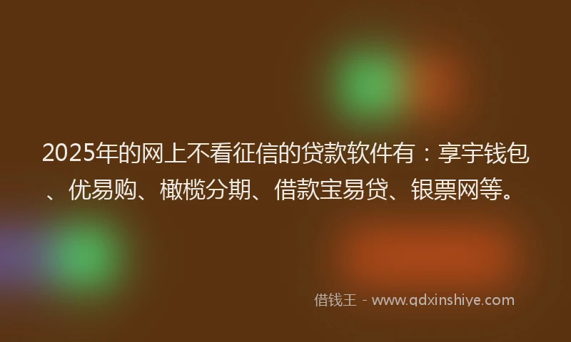 2025年的网上不看征信的贷款软件有：享宇钱包、优易购、橄榄分期、借款宝易贷、银票网等。