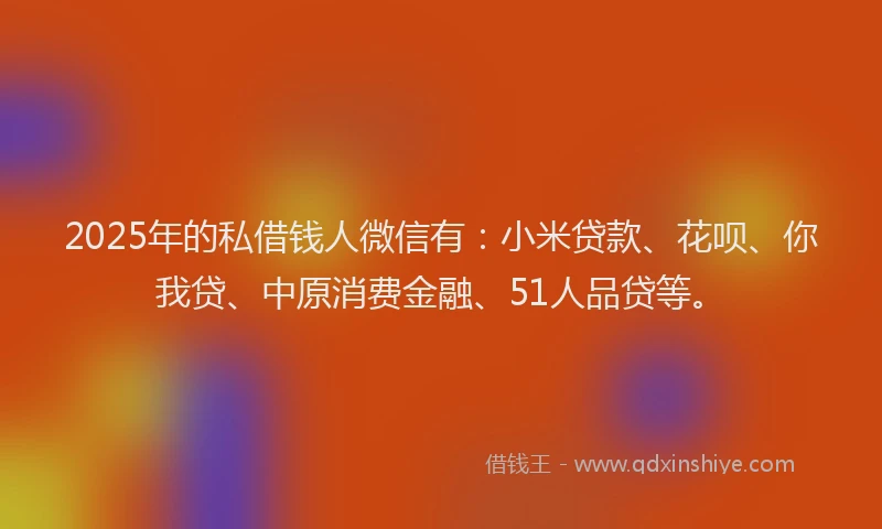 2025年的私借钱人微信有：小米贷款、花呗、你我贷、中原消费金融、51人品贷等。