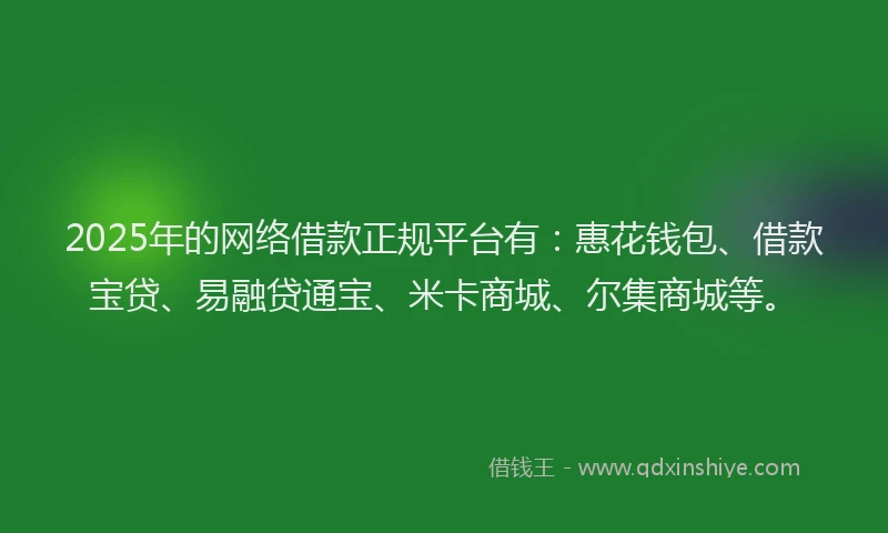 2025年的网络借款正规平台有：惠花钱包、借款宝贷、易融贷通宝、米卡商城、尔集商城等。