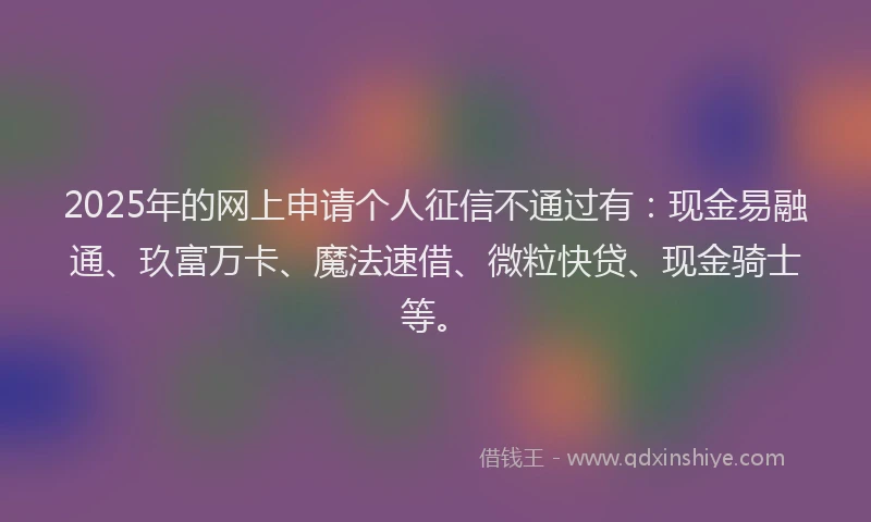 2025年的网上申请个人征信不通过有：现金易融通、玖富万卡、魔法速借、微粒快贷、现金骑士等。