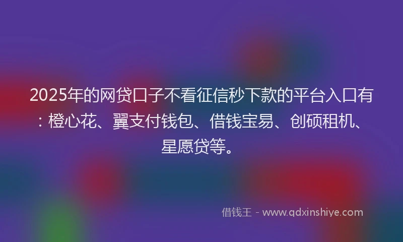 2025年的网贷口子不看征信秒下款的平台入口有：橙心花、翼支付钱包、借钱宝易、创硕租机、星愿贷等。