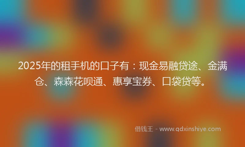 2025年的租手机的口子有：现金易融贷途、金满仓、森森花呗通、惠享宝券、口袋贷等。