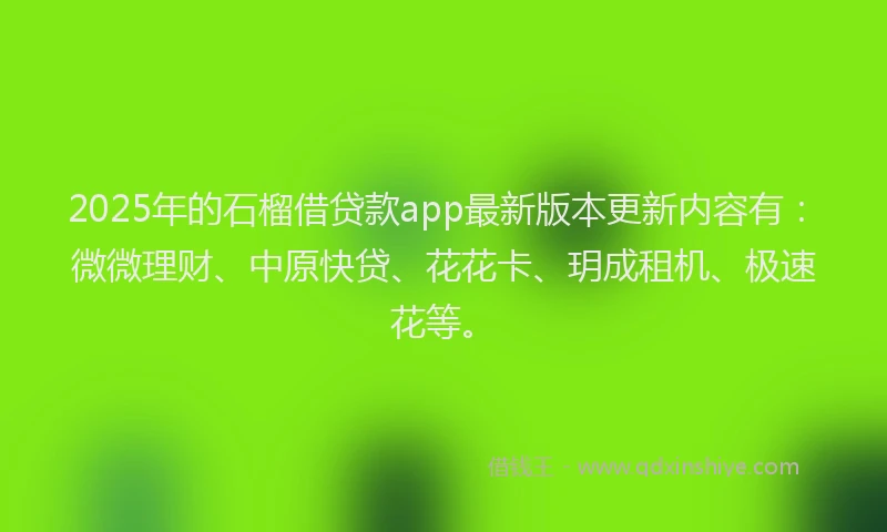 2025年的石榴借贷款app最新版本更新内容有：微微理财、中原快贷、花花卡、玥成租机、极速花等。