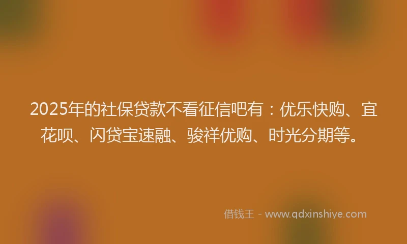 2025年的社保贷款不看征信吧有：优乐快购、宜花呗、闪贷宝速融、骏祥优购、时光分期等。