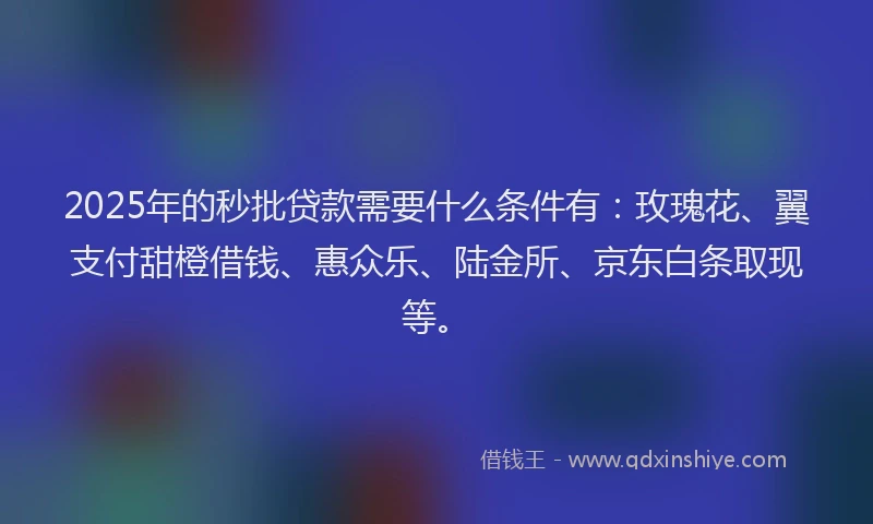 2025年的秒批贷款需要什么条件有：玫瑰花、翼支付甜橙借钱、惠众乐、陆金所、京东白条取现等。