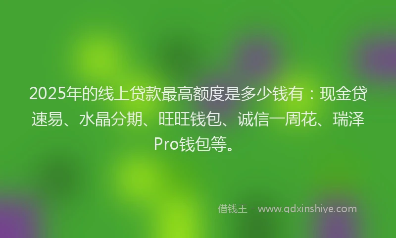 2025年的线上贷款最高额度是多少钱有：现金贷速易、水晶分期、旺旺钱包、诚信一周花、瑞泽Pro钱包等。