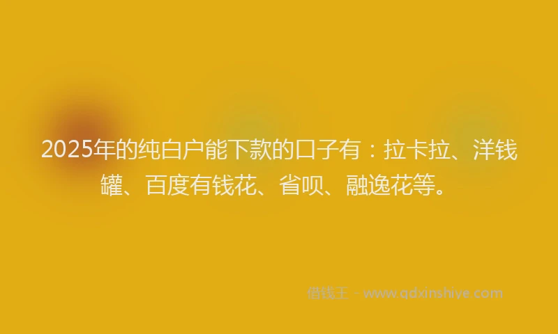 2025年的纯白户能下款的口子有：拉卡拉、洋钱罐、百度有钱花、省呗、融逸花等。