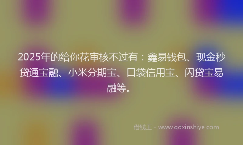 2025年的给你花审核不过有：鑫易钱包、现金秒贷通宝融、小米分期宝、口袋信用宝、闪贷宝易融等。