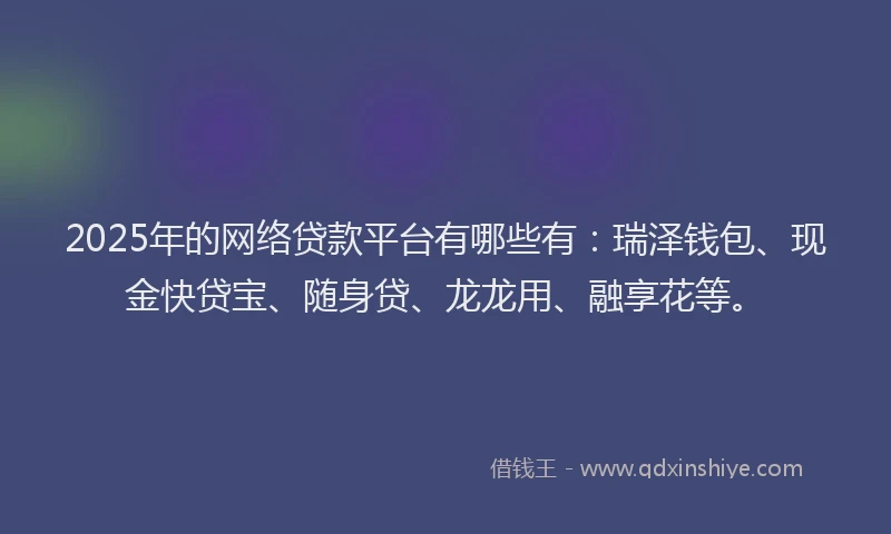 2025年的网络贷款平台有哪些有:瑞泽钱包、现金快贷宝、随身贷、龙龙用、融享花等。