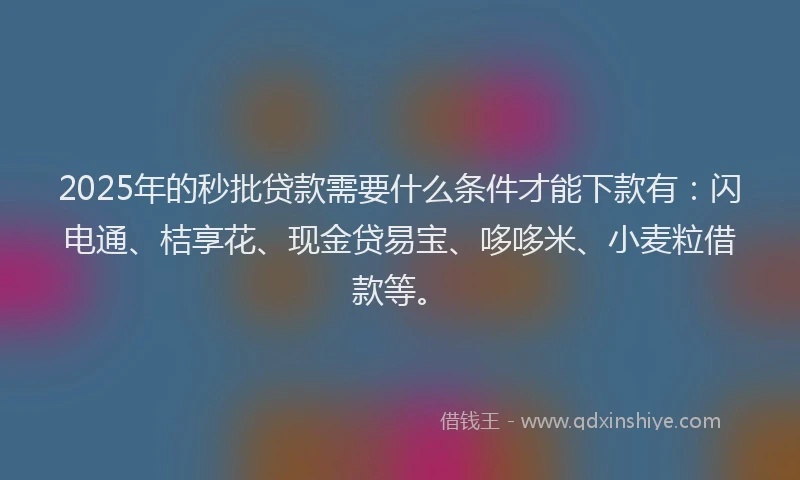 2025年的秒批贷款需要什么条件才能下款有：闪电通、桔享花、现金贷易宝、哆哆米、小麦粒借款等。